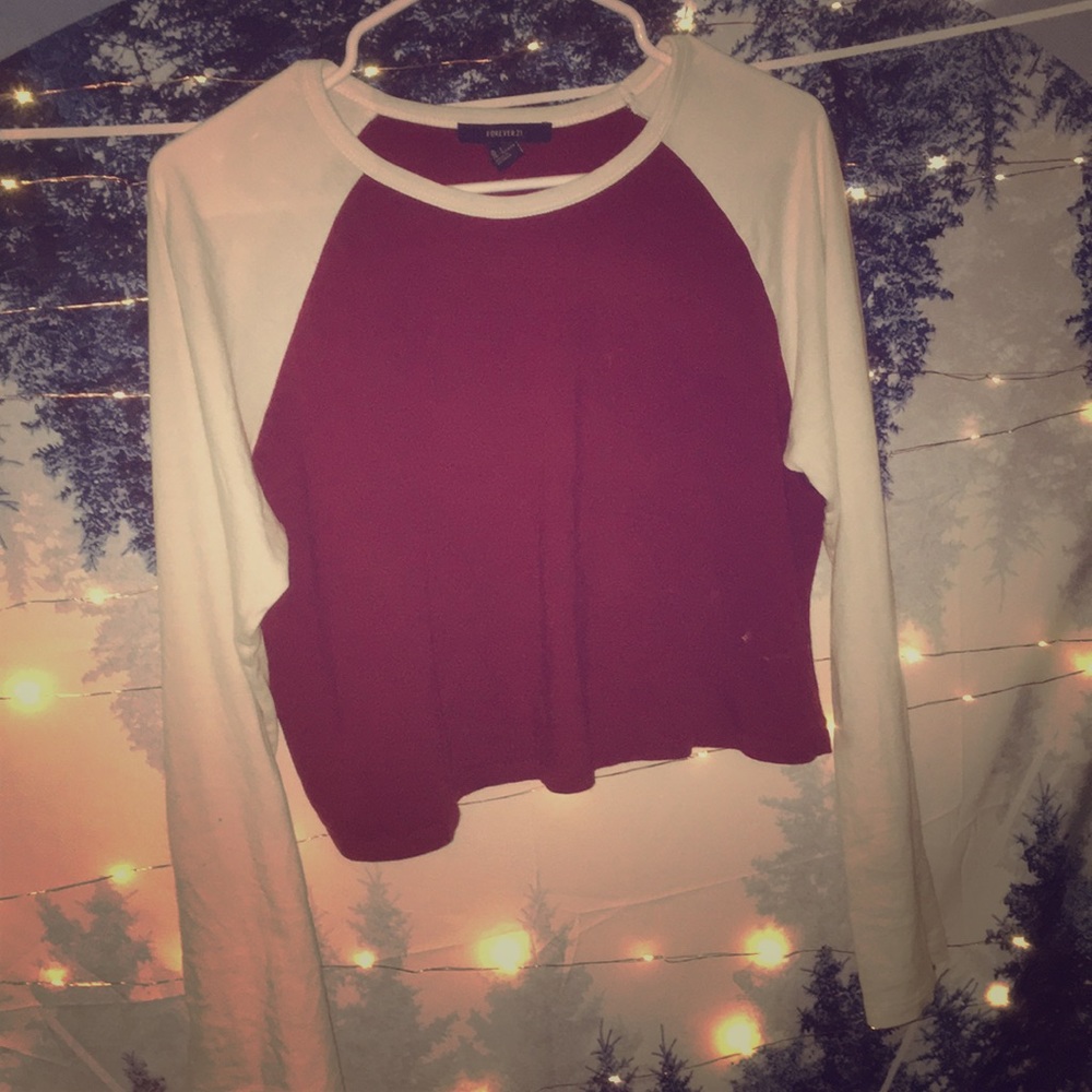 Maroon and White Forever 21 Cropped Tee